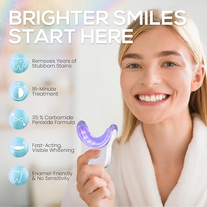 Venus Visage LED Teeth Whitening Kit with 4X 35% Carbamide Peroxide Teeth Whitening Gel Syringes, 2X Remineralization Gel Syringes, Whitener Trays, LED Whitener Device & Shade Guide