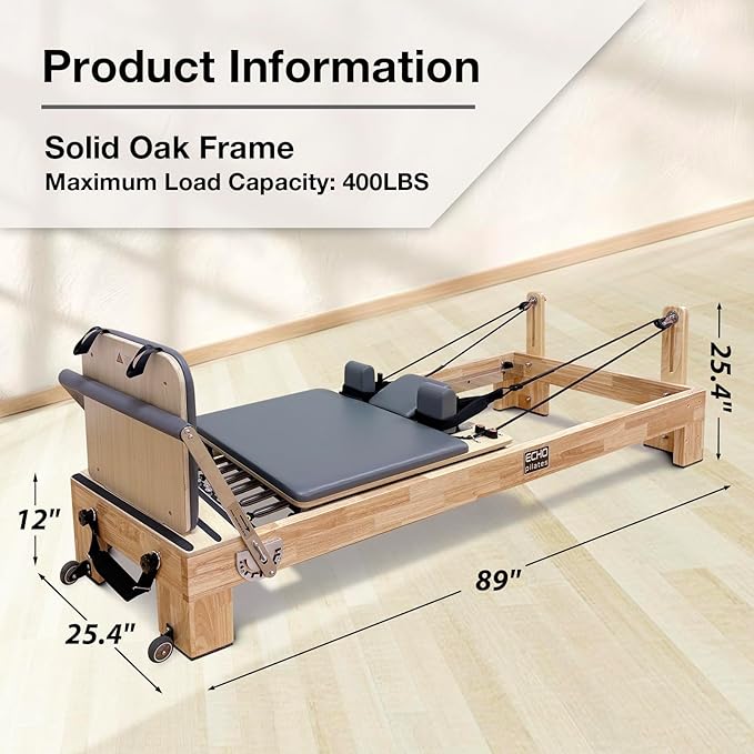Pilates Reformer, Wooden Pilates Reformer Machine with Springs, Pilates Bed Strength Training Equipment for Home Use and Studio, Pilates Equipment with Reformer Box, Oak
