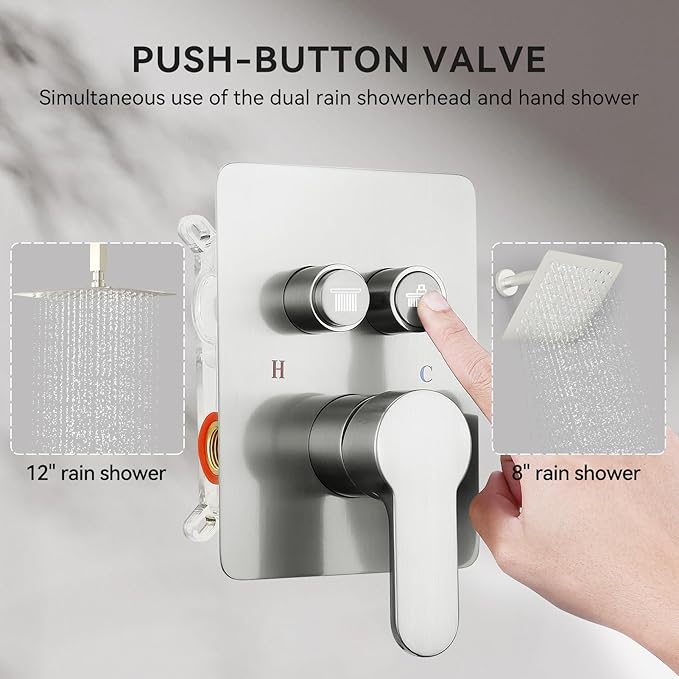 Shower Faucets Sets Shower System Brushed Nickel, STARBATH 12" Ceiling Mount Rain Showerhead and 8" Wall Mounted Rainfall Shower for Couples, On Off Button Valve Dual Head Shower Systems Complete