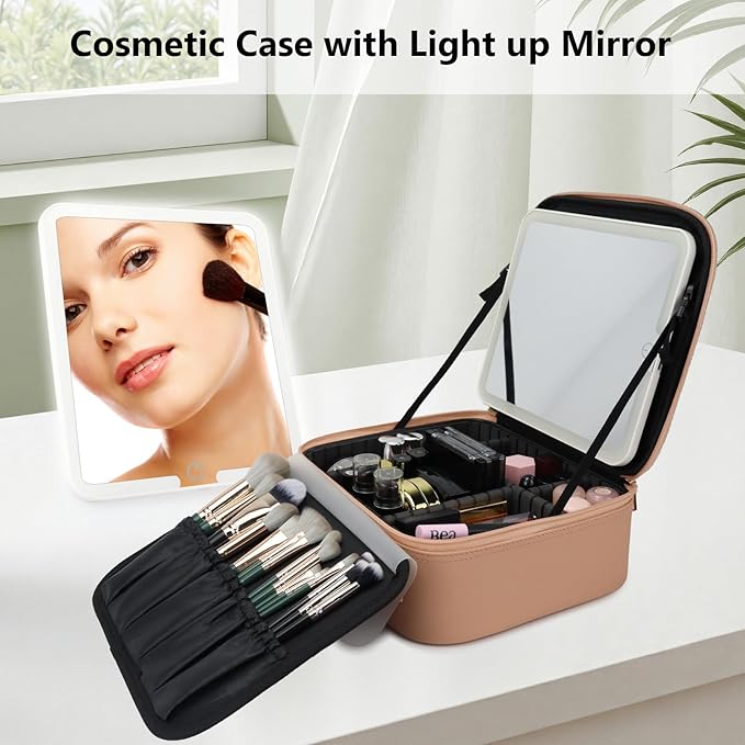 SLUMAZI Travel Makeup Bag with LED Mirror Travel Makeup Organizer with 3 Lighted Settings, Adjustable Dividers and Makeup Brush Storage Bag Khaki