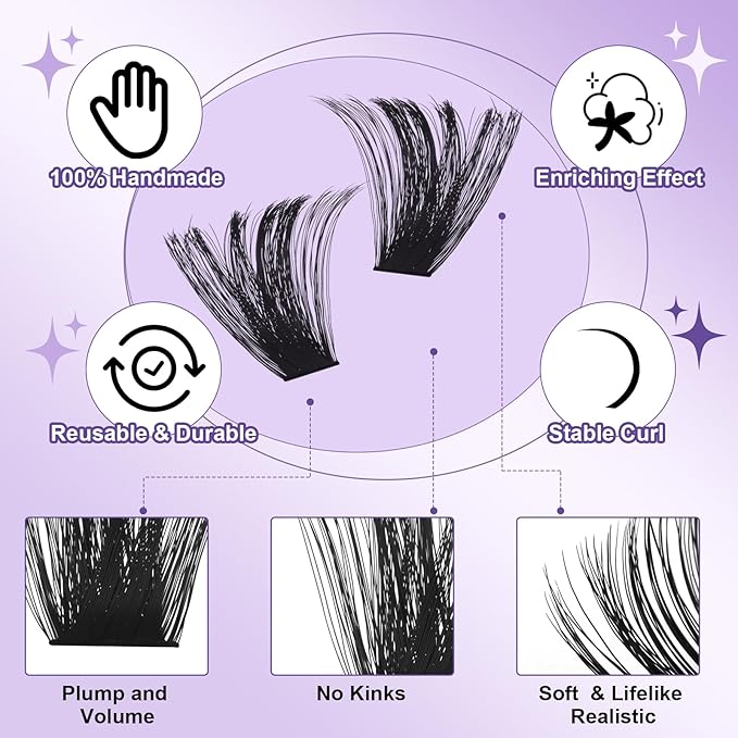 B&Q Fluffy Lash Clusters Thick 200D, Volume Eyelash Clusters 10-18mm, D Curl Cluster Eyelash Extensions, Supersoft Individual Lashes Wispy Cluster Lashes Dramatic Full Look Eyelash（200D）
