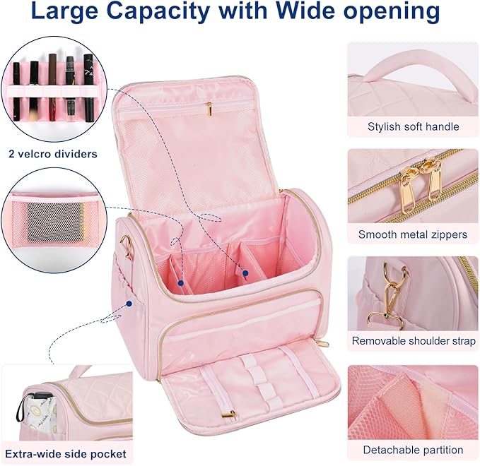 GR69N Travel Toiletry Bag Large Cosmetic Makeup Bag Organizer for Women,Wide-open Make Up Bag Waterproof Makeup Case Travel Bag with Handle and Dividers for Toiletries,Essentials,Accessories,LT Pink