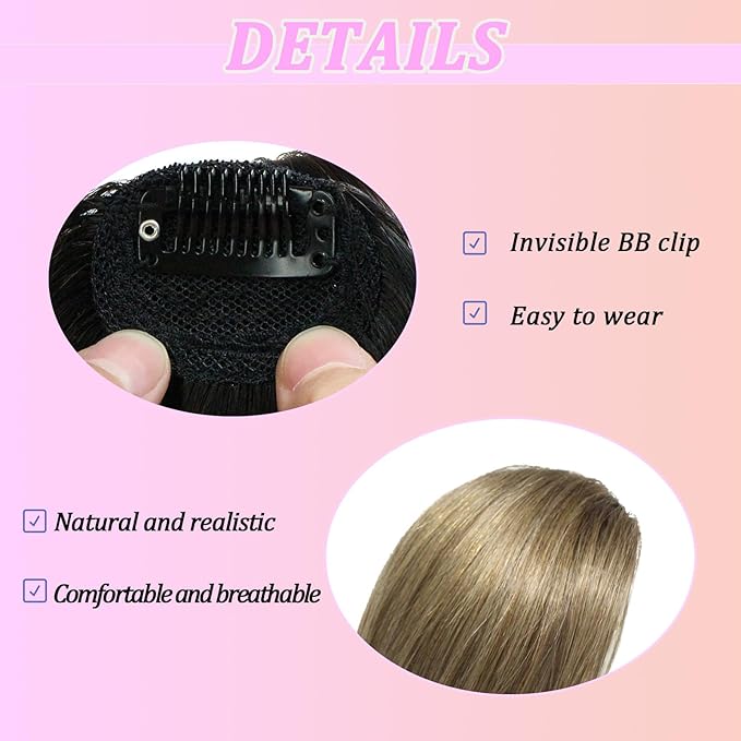 Clip on Wispy Bangs-Real Human Hair Clip in Bangs Hairpieces Ash Brown Fake Air Bangs Fringe with Temples Bangs Hair Clip Extensions