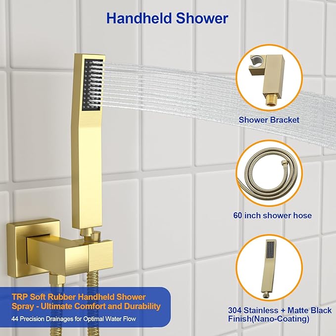 Dcolora 16 In. Rainfall Shower System with Handheld, Gold Shower Faucet Set for Bathroom, Brass Valve, 304 Stainless Steel, Anti-Scald cUPC Certified (Brushed Gold, 16 Inch)