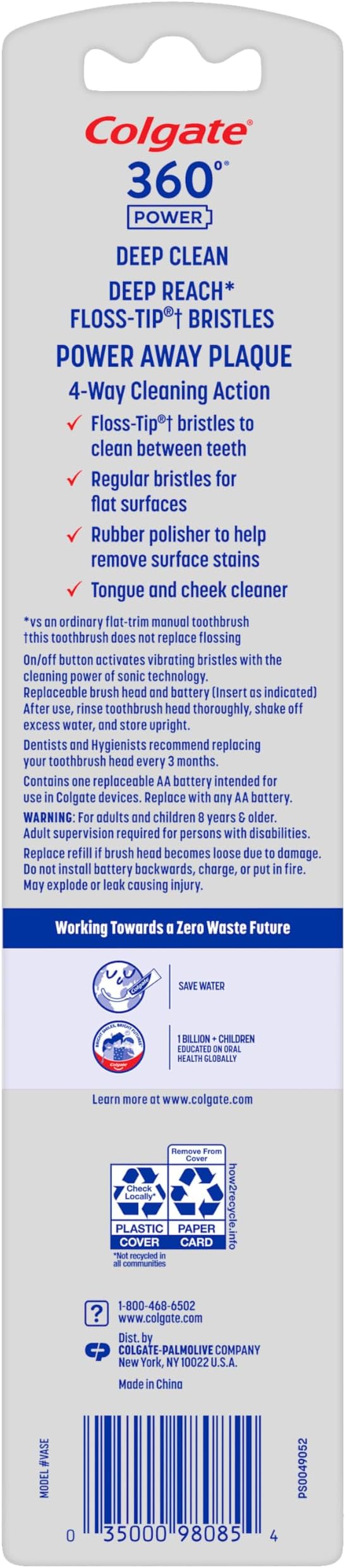 Colgate 360 Floss Tip Sonic Powered Battery Toothbrush, 2 Pack with Floss Tip Refill Heads