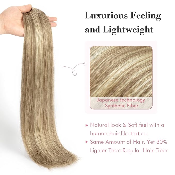 REECHO Clip in Hair Extensions, Hair Extensions Thick Long Lace Weft Lightweight Synthetic Hairpieces for Women (24 Inch-240 Gram(Pack of 5), Walnut Brown with Blonde Highlights)
