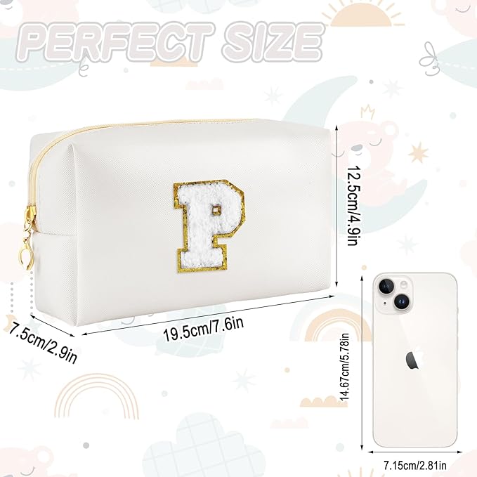 URSKYTOUS Gifts for Girls Initial Makeup Bag Personalized Cosmetic Bag with Zipper Cute Travel Toiletry Bags Waterproof PU Preppy Makeup Pouch Birthday Gift for Teen Girls Women(White P)