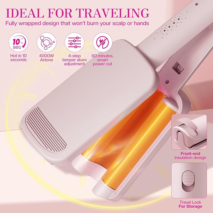 Waver Curling Iron Hair Crimper 1.25 Inch Crimper Hairs Tool with Ceramic 3 Barrel Ionic Deep Hair Waver for Women Hairs Curler for Long & Short, Easy to Use, Dual Voltage, Anti-Scald (Pink)