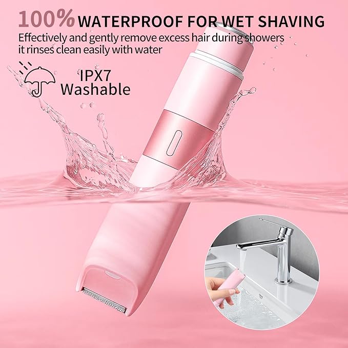 Bikini Trimmer for Women - 2 in 1 Painless Electric Razors for Women, IPX7 Waterproof Rechargeable LED Dual Head Electric Shaver for Lady Bikini Underarm, Body, Leg, Face Hair Remove (Pink)