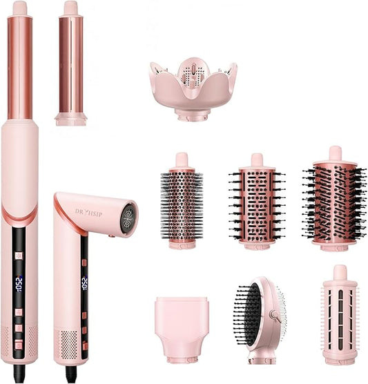 9 in 1 Hair Styler Curler & Air Dryer Brush, 110,000 RPM High-Speed Negative Ionic Foldable Hair Dryer Fast Drying, Multi Professional Hot air Styler for Curling Volumizing Straightening Styling(Pink)