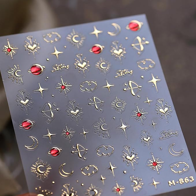 5D Embossed Gold Nail Stickers for Nail Art Star Nail Art Stickers 3D Self-Adhesive Nail Decals Gold Heart Moon Design Nails Charm Nail Supplies Star Manicure Decorations for Women Girls