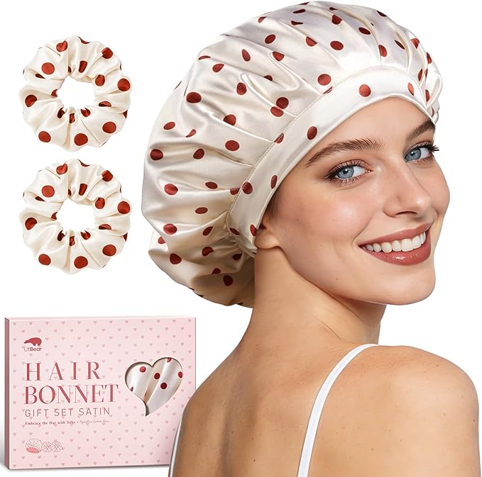 LitBear Silk Bonnet for Sleeping Women, Adjustable Double Layer Satin Silk Hair Bonnet with Scrunchies for Curly Natural Hair