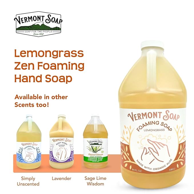 VERMONT SOAP Organic Lemongrass Zen Foaming Hand Soap - Natural Moisturizing Soap for Dry Skin - Fragrance Free Liquid Bathroom Hand Soap - Lemongrass Zen - 64 oz