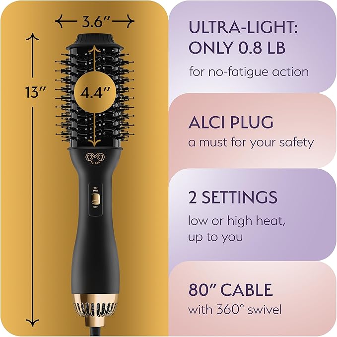 Professional Blowout Hair Dryer Brush, Manual Dual Voltage for European Travel 110V-120V/220V-240V, Black Gold Dryer and Volumizer, Hot Air Brush for Women, 2.4 INCHES Oval Shape