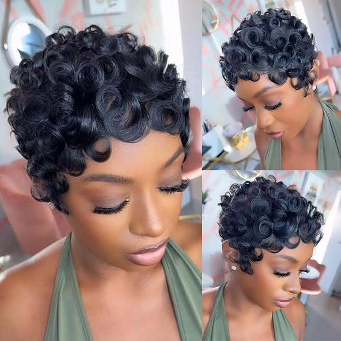 Short Curly Wig Human Hair for black women Short Layered Pixie Wigs Brazilian Virgin Curly Wavy Haircut Glueless pixie cut wig With Bangs Natural Black Color for Daily Use