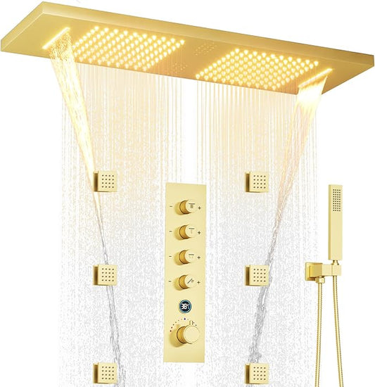 35.5X12 Inch Ceiling LED Music Dual Rain Shower Head Fit 2 Person Bathroom, Smart Large Luxury Thermostatic Rainfall Shower System Fixtures Set (Brushed Gold, Shower System With Body Jets)