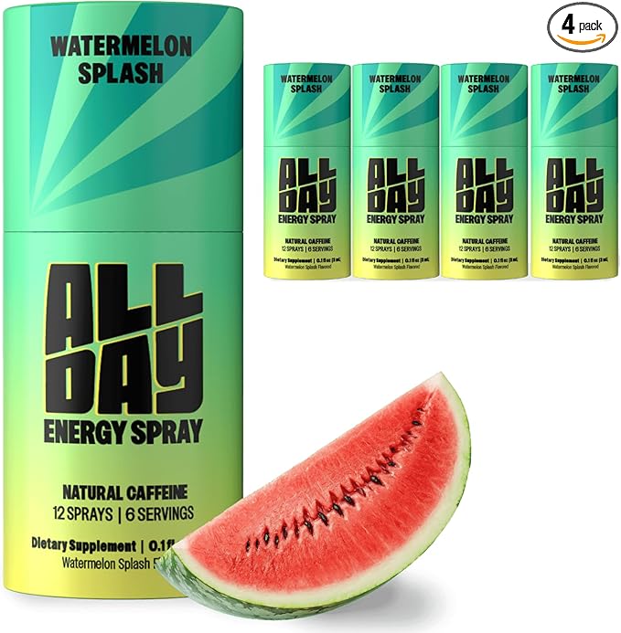 ALLDAY Caffeine Spray, Promotes Focus and Energy (Tropical Burst, 4 Bottles, 48 Sprays) | 32mg Natural Caffeine per Spray | Pocket-Size Energy Shot with L-Theanine, Vitamin B12, & Vitamin D