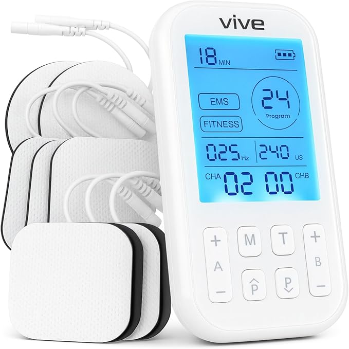 Vive Stim Machine for Muscle Recovery - 60 Mode Tens Unit Stimulator for Pain Relief Therapy - EMS w/Electrodes for Period Cramps, Physical Therapy - Stimulation Device, Tense Relaxer for Back Pain