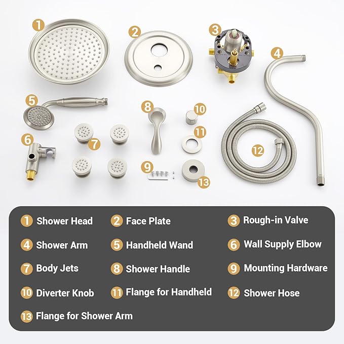 DASAN Antique Shower Faucet Sets Complete Rain Shower System in Wall with Body Shower Spray Jets, Brushed Nicke Shower Fixtures with Rainfall Overhead Shower, Handheld, Valve & Trim Kit, AT249W-BN