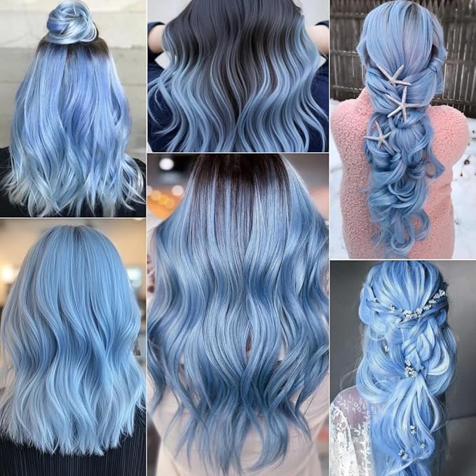 Colored Hair Extensions 14 PCS, 22 In Baby Blue Clip in Hair Extensions Party Highlights, Light Blue Synthetic Hairpieces for Girls Women Kids Gift(Haze Blue)