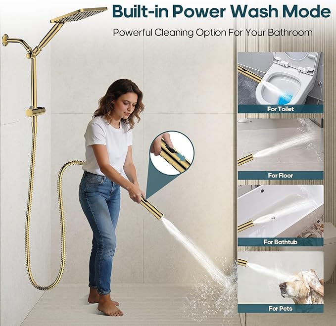 Hombeter Filtered Shower Head with Handheld Spray Combo High Pressure Rain Shower Head Dual Shower Head with Filters - Removes Chlorine Height Adjustable & Built-in Power Wash (Gold)