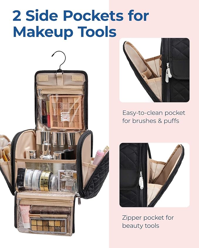 BAGSMART Makeup Bag for Women with Hanging Hook, Large Portable Capacity Water-resistant Organizer Travel Case for Toiletries and Cosmetics, Blue