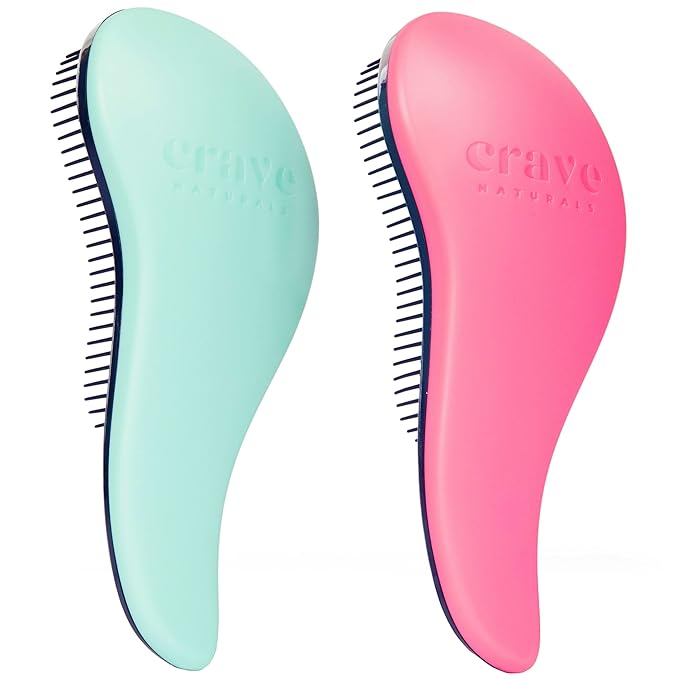 Crave Naturals Glide Thru Detangler Brush Pack of 2 - Curly Hair Brush for Women and Kids - Wet and Dry Comb for Adults - Soft Flexible Bristles for Gentle Use - Turquoise and Pink