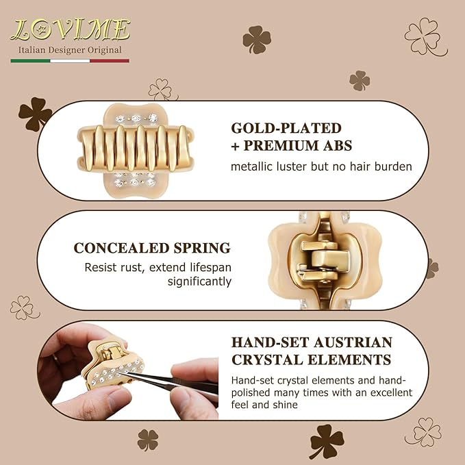 1.2" Mini Clover Claw Clips for Girls Kids - 18K Gold Plated Small Beige Hair Clips for Side Bangs & Braids, Rhinestone Hair Accessories for Fine Hair, Cute Birthday Gift for Daughter