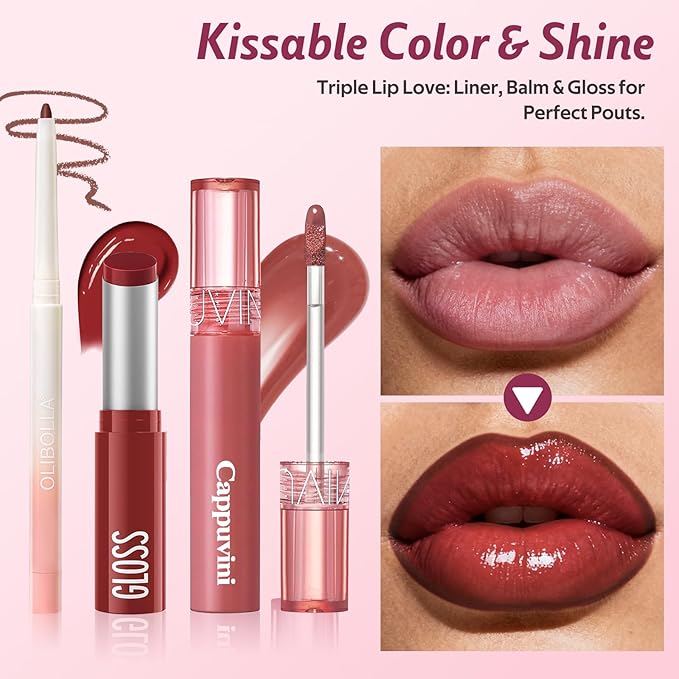 3PCS Lip Combo Set - Matte Lip Liner Pencil + Hydrating Tinted Lip Balm + Juicy Lip Gloss Tint, Non-Sticky, Long-Lasting, High Pigment Lip Makeup Kit (Berry Mousse Set)