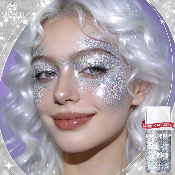 Roll-on Holographic Body Glitter Gel for Women Girls, Sparkle Chunky Glitter Makeup for Christmas New Year Festival Halloween Party Rave, Face Glitter Makeup for Face Body Hair Lips（Silver）