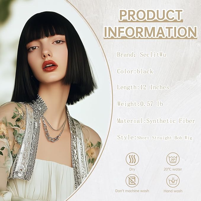 Black Wig With Bangs Short Bob Straight Wigs for Women Shoulder Length Black Natural Looking Synthetic Heat Resistant Fiber Wigs for Halloween Costumes Cosplay Daily Use(12 Inch)