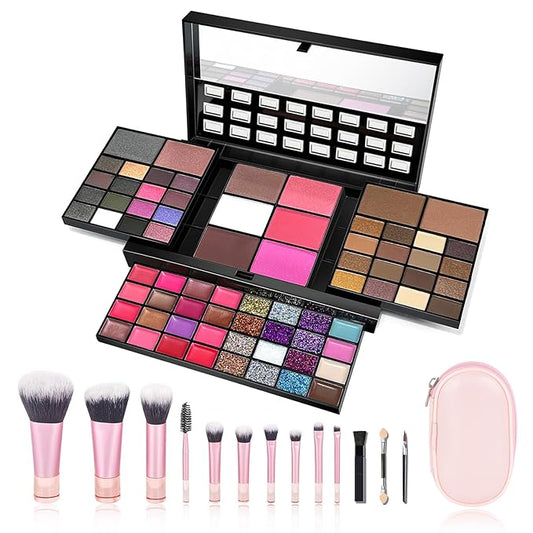 74 Colors Makeup Palette with 10-Piece Makeup Brush Set – All-in-One Full Face Makeup Kit, Eyeshadow, Lip Color, Blush & Contour Set, Gift for Women