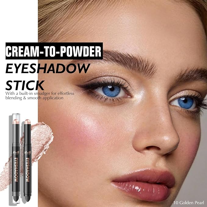Dual-Ended Golden Pearl Shimmer Eyeshadow Stick - Long-Lasting Cream Eye Shadow Stick Crease-Proof Metallic Eyeshadow Pencil, Easily Blendable Multi-Use Eye Crayon Highlighter Makeup, 10
