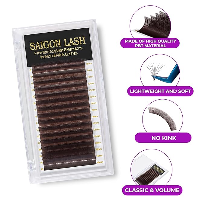 Eyelash Extensions, Mink Lash, Volume & Classic Lashes for Professionals, J/B/C/CC/D/L/M Curl, 4-15mm Length, Soft Korean PBT Fiber, 16 Rows Lash Tray (Dark chocolate-D-0.05-8-15mm)