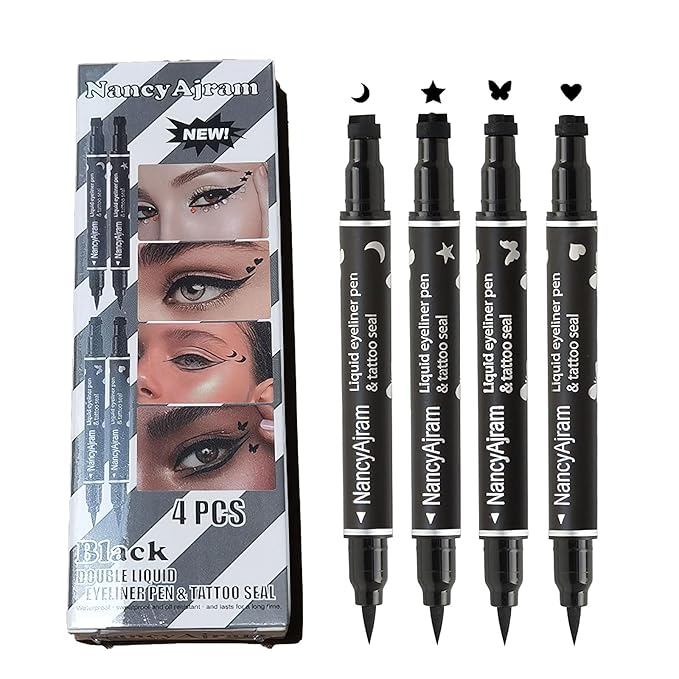 4 PCS 2 in 1 Stamp Liquid Winged Double Head Eyeliner Pen Set Seal Eyeliner Waterproof Star Moon Butterfly Heart-Shaped Embellished Eye End Eye liner Makeup Cosmetics(Black)