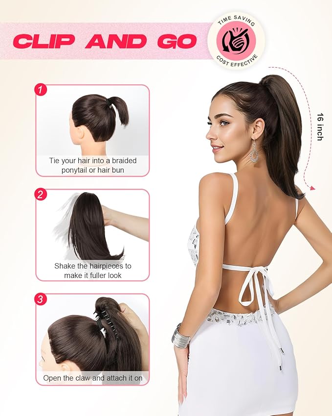 Ponytail Extension – 16” Claw Clip in Ponytail Hair Extensions Natural Soft Synthetic High Pony Tail Hairpieces for Women (Medium Blonde, 16 inch)