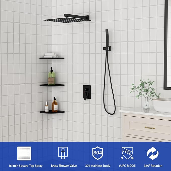 Dcolora Rainfall Shower System with Handheld, Matte Black Shower Faucet Set for Bathroom, Brass Valve, 304 Stainless Steel, Anti-Scald cUPC Certified(Matte Black, 16 Inch)