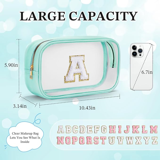 YOOLIFE Initial Make Up Bag Travel Toiletry Bag, Clear Makeup Bags Preppy Cosmetic Bags Organizer Travel Essentials Gifts for Women Teen Girlfriend Teacher Mom Valentines Girl Gift Makeup Case Blue M