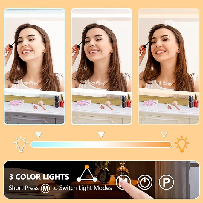Vanity Mirror with Lights, Led Makeup Mirror, Lighted Makeup Mirror with 3 Color Dimmable Lights, Smart Touch Screen Control, Aluminum Metal Frame,USB Charging Port