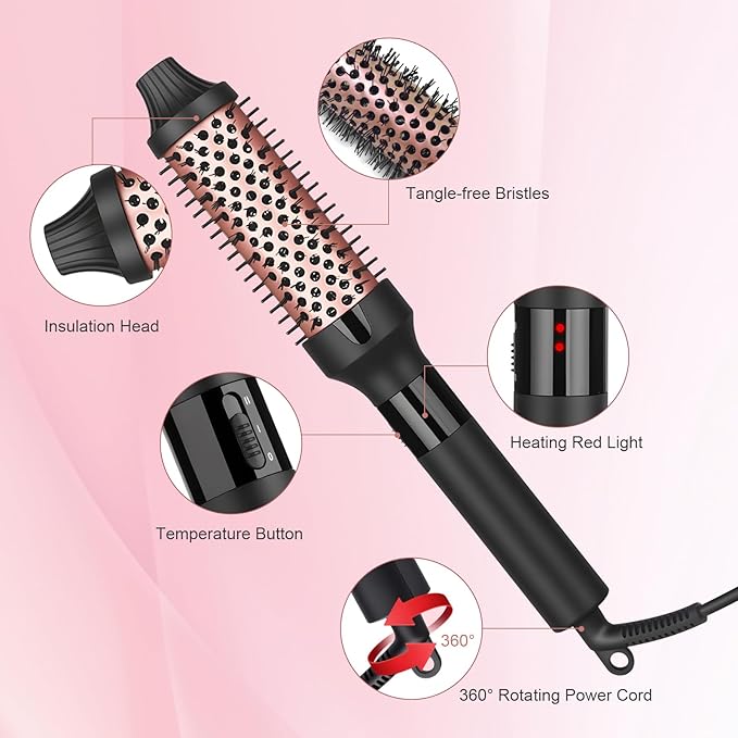 hopopower 1.25/1.5 Inch Curling Iron Brush Ceramic Double PTC Heated Round Hair Curling Comb, Tourmaline Ionic Hot Hair Curler Thermal Brush Blowout Dual Voltage for Traveling (1.5inch)
