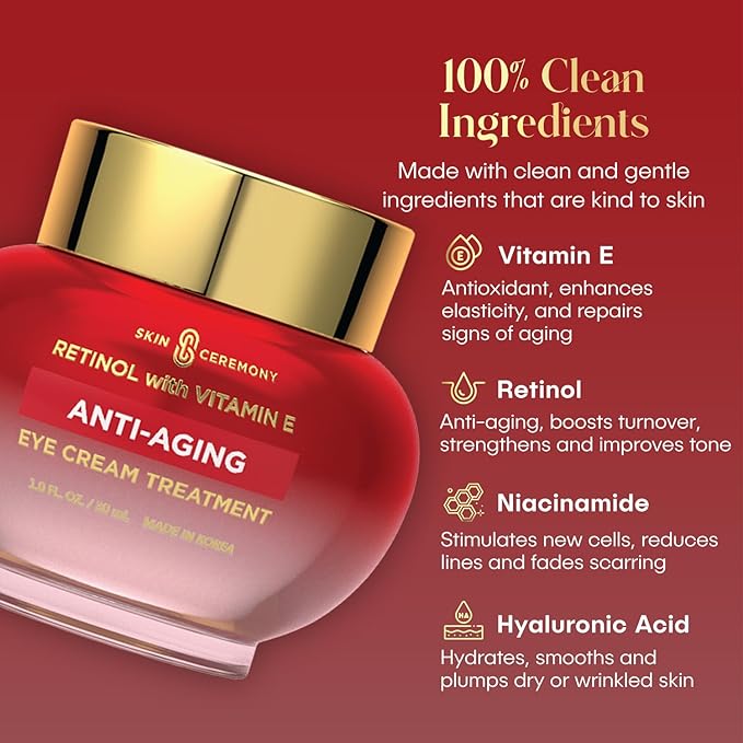Skin Ceremony Retinol & Vitamin E Eye Cream – Dermatologist Tested, Anti Aging Korean Skin Care – Smooths Fine Lines, Firms, Depuffs, Hydrates Under Eyes – Vegan, Clean Beauty – 1 Fl Oz
