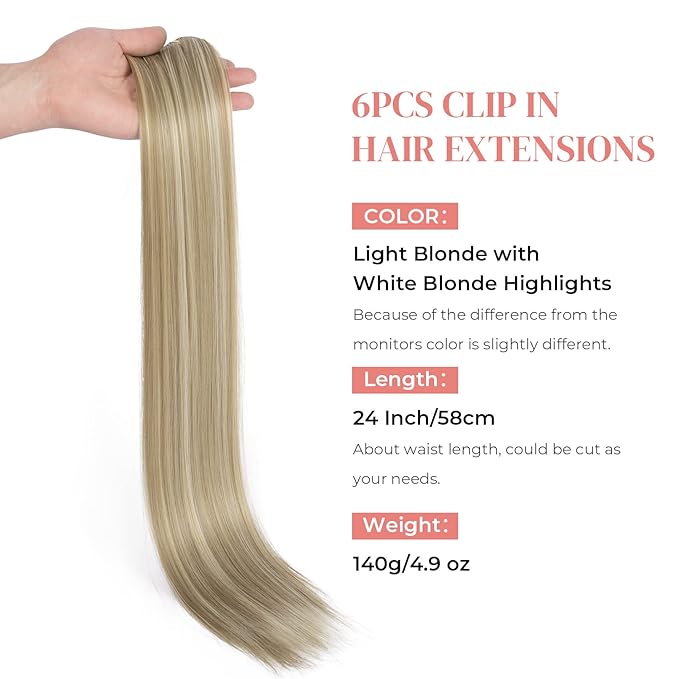 Clip in hair extensions，LONAI 6PCS Straight 24" Hair Extensions for Women，Heat Resistant Synthetic Hairpiece-Light Blonde with White Blonde Highlights