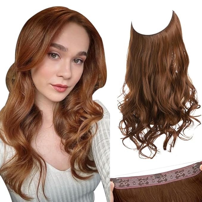 SARLA Invisible Wire Hair Extensions with 3 Clips Long Synthetic Wavy Curly Hairpiece Adjustable Transparent Headband for Women 18 Inch Light Auburn