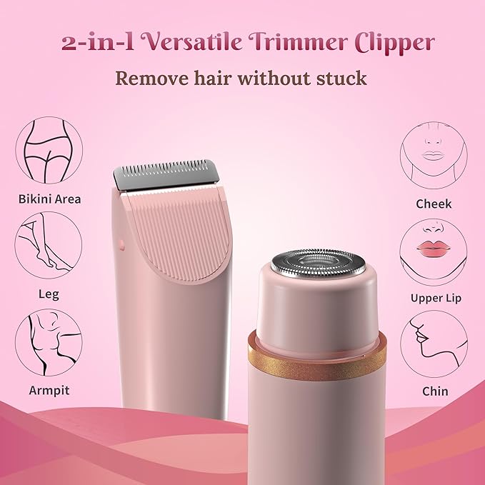 Bikini Trimmer for Women,2 in 1 Womens Electric Razors for Shaving with Dual Ceramic Blades,Painless Personal Trimmer for Body,Face&Intimate Part Hair,Waterproof Groomer for Travel