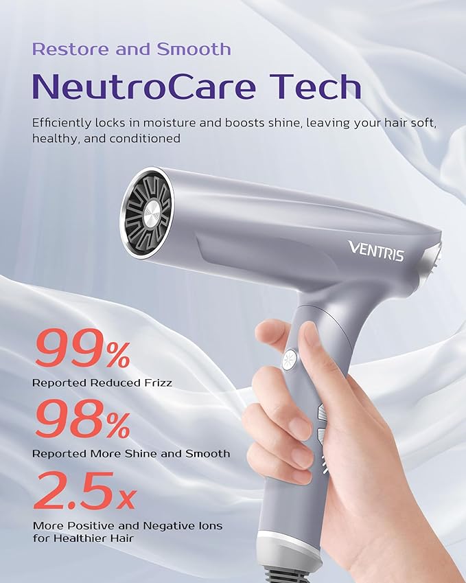 VENTRIS 1400W High-Speed Ionic Hair Dryer, Fast-Drying Lightweight Low-Noise Blow Dryer with Magnetic Diffuser & Concentrator, Cold Shot Button, BlitzFlow Series, Lucid White