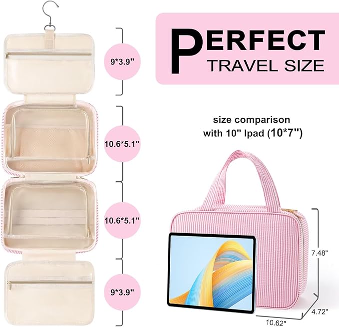 TOPEAST Hanging Toiletry Bag for Women - Travel Toiletry Bag Makeup Bag, Portable Toiletries Cosmetic Bag, Airplane Travel Essentials - Letter N, Pink