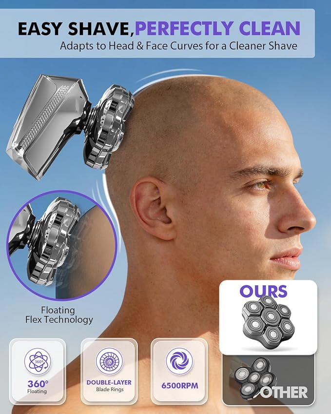 Head Shavers for Blad Men, 7D Floating Blades Electric Head Shaver, IPX7 Waterproof Wet Dry Bald Head Shaver, Magnetic Detachable Rechargable Head Shavers, Valentine's Day Gifts for Male