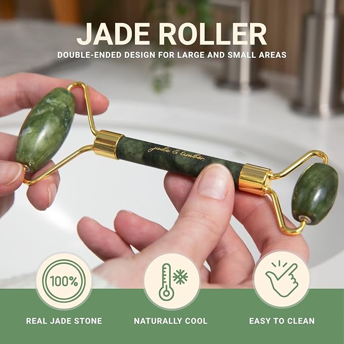 jade & timber Jade Roller & Green Sandalwood Gua Sha Set – Facial & Body Massage Tools for Lymphatic Drainage & Sculpting - Self Care Gift