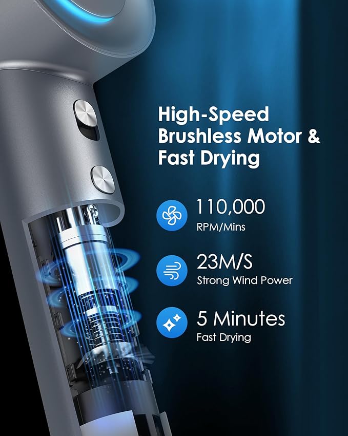 Hair Dryer, zhiyangfei Negative Ion Blow Dryer, 110, 000 RPM Brushless Motor, 3 Heat Settings, 360° Rotating Magnetic Nozzle, High-Speed Low Noise Hair Dryer for Home and Trave (Silver Blue)