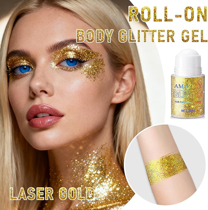 Roll-on Holographic Body Glitter Gel for Face and Hair, Chameleon Color Changing Glitter Gel Under Light, Chunky Mermaid Sequins Shimmer Makeup for Halloween Party Rave Accessories (Gold)